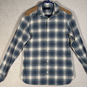 All Saints Plaid Shirt Men's Size‎ S Dresher Blue White Windowpane Suede Yoke